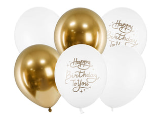 Latexballonger Happy Birthday Vit & Chrome guld 30cm, 6-pack