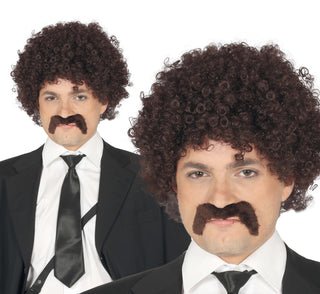 Brunt Lockigt Perukset med Mustasch