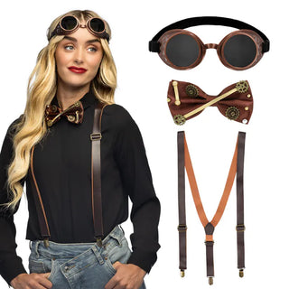 Tillbehörsset Steampunk (partyglasögon, fluga och hängslen)