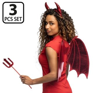 Set Djävul Azara (horn, vingar och treudd) 40 cm
