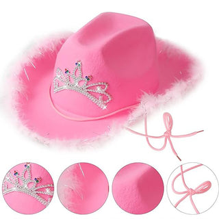 Rosa Cowboy Hatt med Tiara och Fjädrar