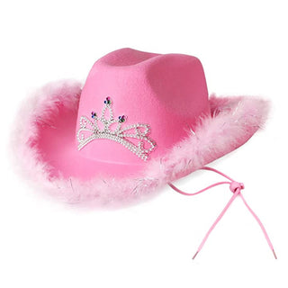 Rosa Cowboy Hatt med Tiara och Fjädrar