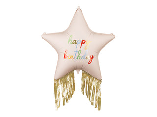 Folieballong Stjärna med Fransar “Happy Birthday” med helium
