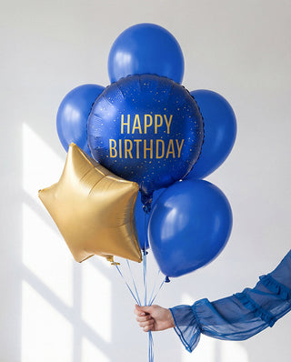 Rund folieballong Happy Birthday, 35x35 cm, marinblå