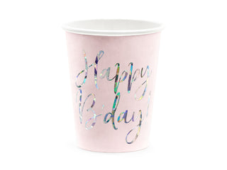 Pappersmuggar Happy B'day Pudderrosa 220ml – 6-pack med holografisk text