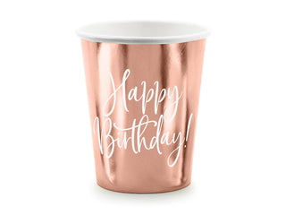 Pappersmuggar Happy Birthday Rose Gold 260ml – 6-pack. Festliga födelsedagsmuggar med vit text
