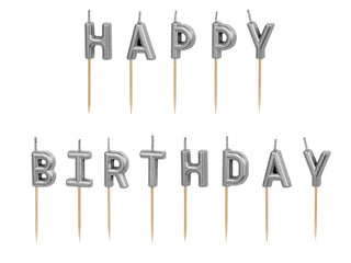 Tårtljus Happy Birthday Silver 2,5cm – 13-pack med träpinnar