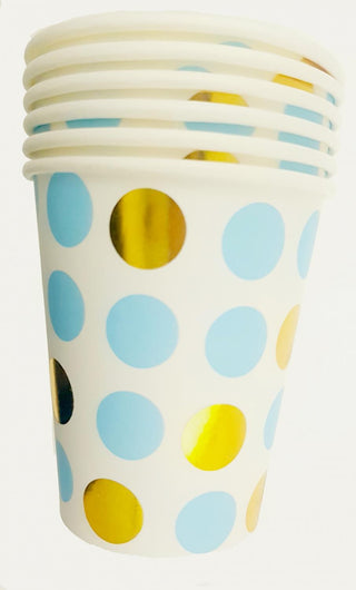 gold and blue polka paper cups