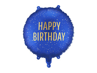 Rund folieballong Happy Birthday, 35x35 cm, marinblå
