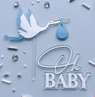 Tårtdekoration "Oh Baby" med Stork i Akryl – Cake Topper Babyshower