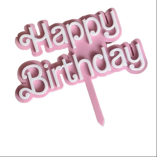Tårtdekoration "Happy Birthday" med rosa och vit i Akryl, 11x8cm