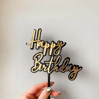 Tårtdekoration "Happy Birthday" med Guld och svart i Akryl, 11x8 cm