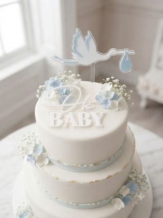 Tårtdekoration "Oh Baby" med Stork i Akryl – Cake Topper Babyshower