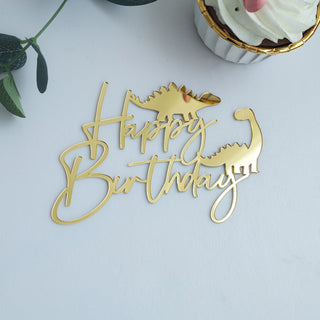 Tårtdekoration "Happy Birthday" med Dinosaurie i Guld Akryl, 11x8 cm – Cake Topper Barnkalas