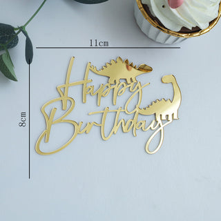 Tårtdekoration "Happy Birthday" med Dinosaurie i Guld Akryl, 11x8 cm – Cake Topper Barnkalas
