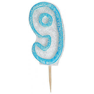 Birthday candle in blue/white Numbers 9
